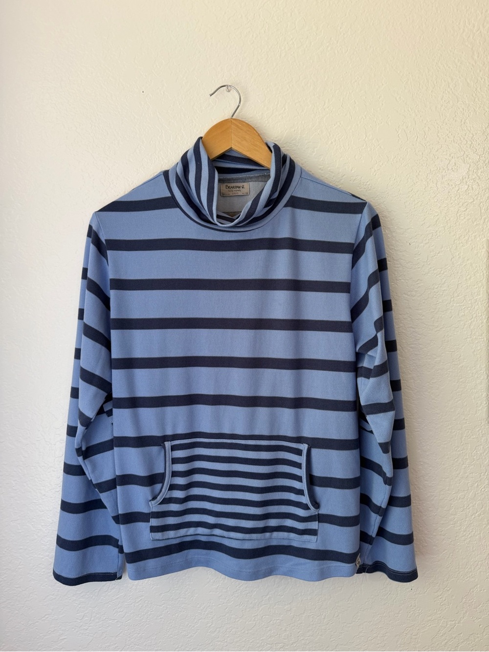 BearPaw Light Blue and Navy Striped Turtleneck Sweater Size L w/ Elbow patches